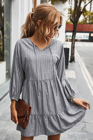 V-neck Striped Drawstring Long Sleeve Dress