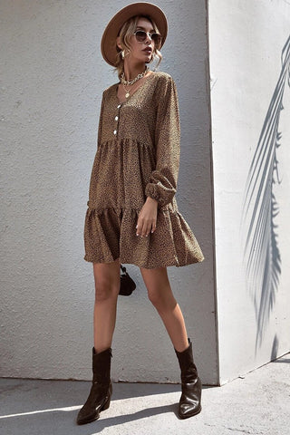 V-Neck Leopard Ruffle Long Sleeve Dress