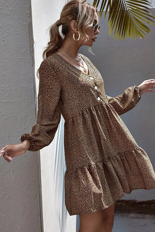 V-Neck Leopard Ruffle Long Sleeve Dress