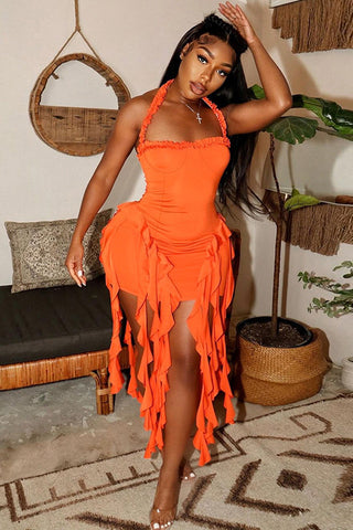 Ruffle Tassel Halter Bustier Mini Dress