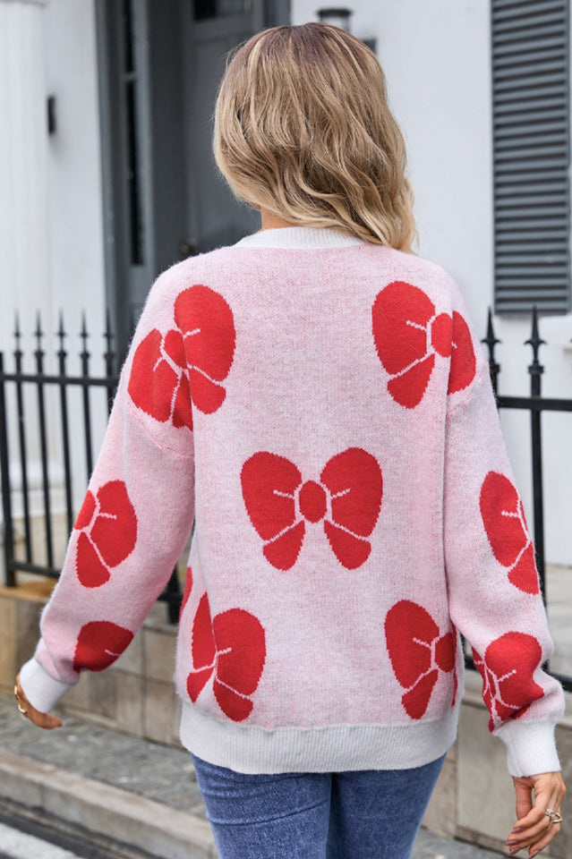 Bow Round Neck Dropped Shoulder Sweater