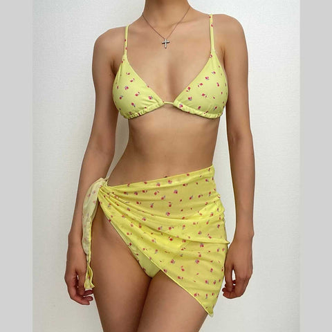 Flower print mesh contrast backless self tie 3 piece swimwear