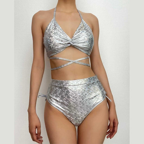 Metallic halter drawstring knotted backless bikini swimwear