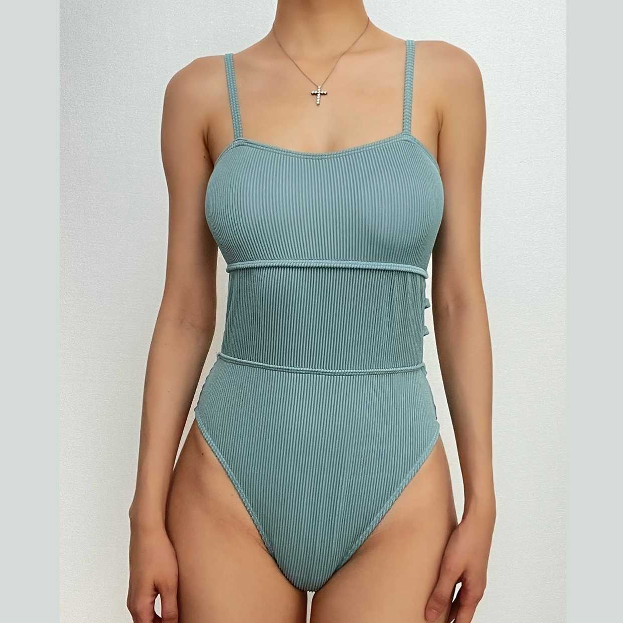 Padded hollow out solid cami one piece swimwear