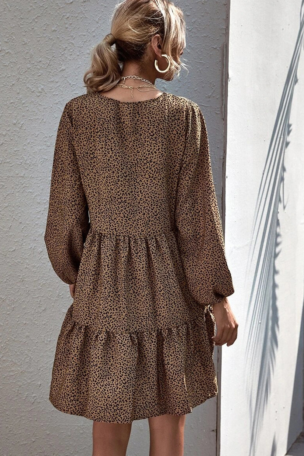 V-Neck Leopard Ruffle Long Sleeve Dress