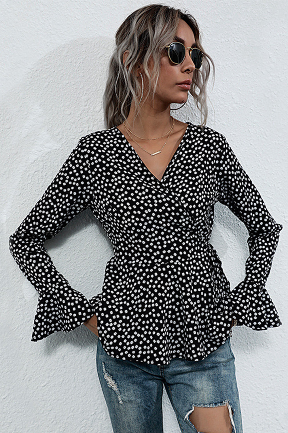 V-neck Slim-fit Long-sleeved Polka Dot Shirt