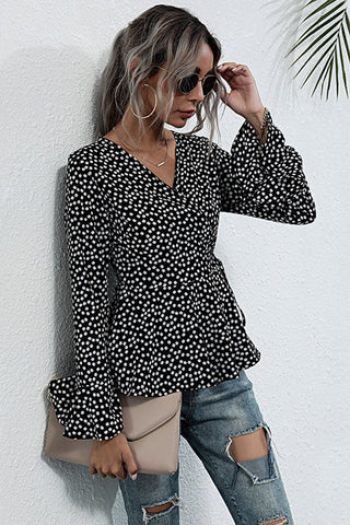 V-neck Slim-fit Long-sleeved Polka Dot Shirt