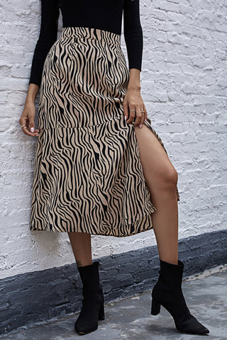 Zebra Print High Waist Slit Midi Skirt