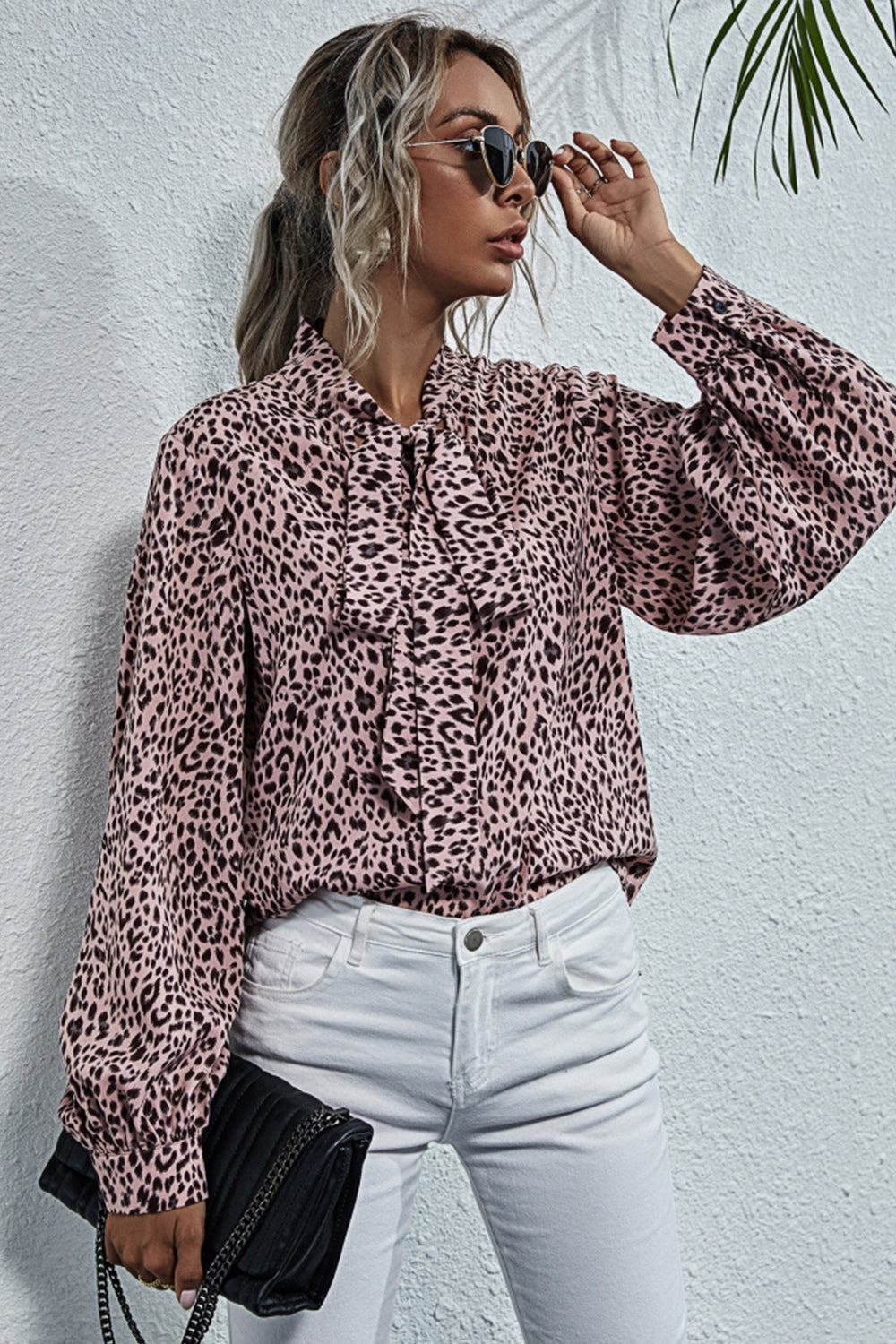 V-neck Bow Leopard Print Shirt