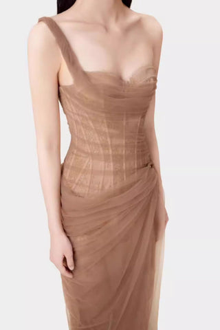 One Shoulder Lace Corset Maxi Dress