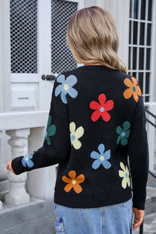 Flower Round Neck Long Sleeve Sweater