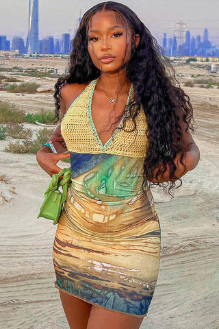 Crochet Deep V Cut Out Printed Dress