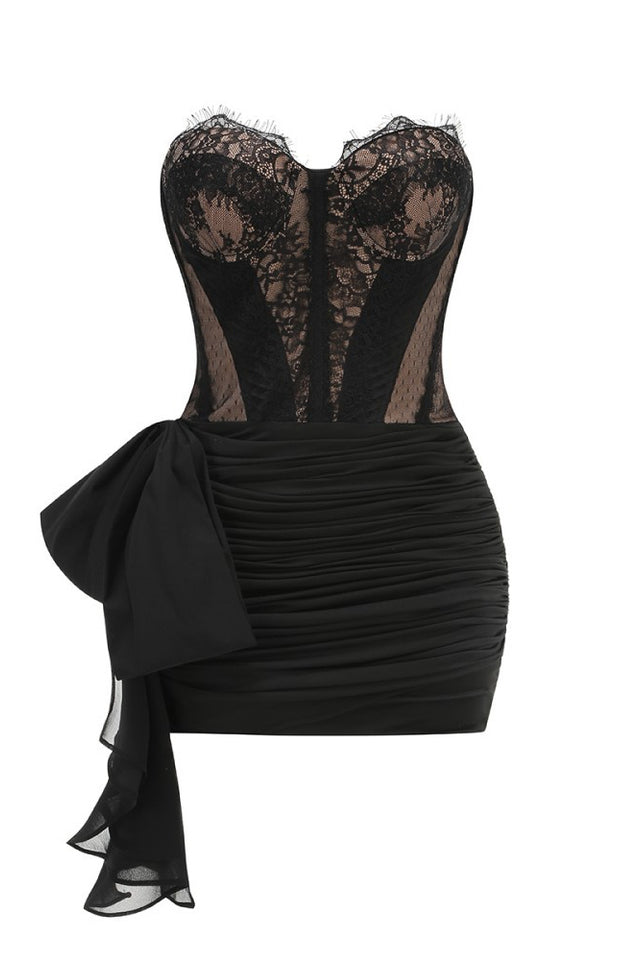 Strapless Lace Corset Draped Dress