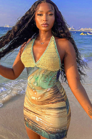 Crochet Deep V Cut Out Printed Dress