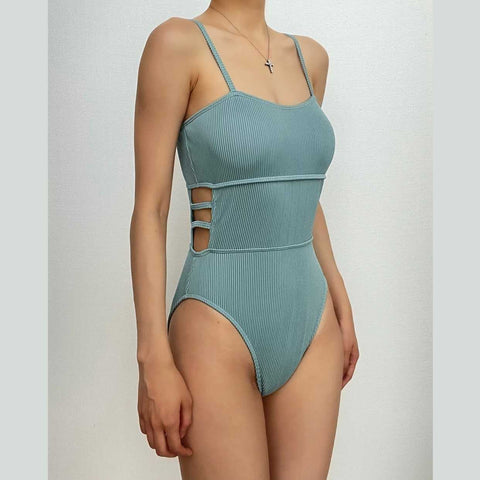 Padded hollow out solid cami one piece swimwear