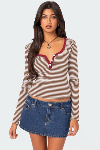 Buttoned Striped Long Sleeve T-Shirt