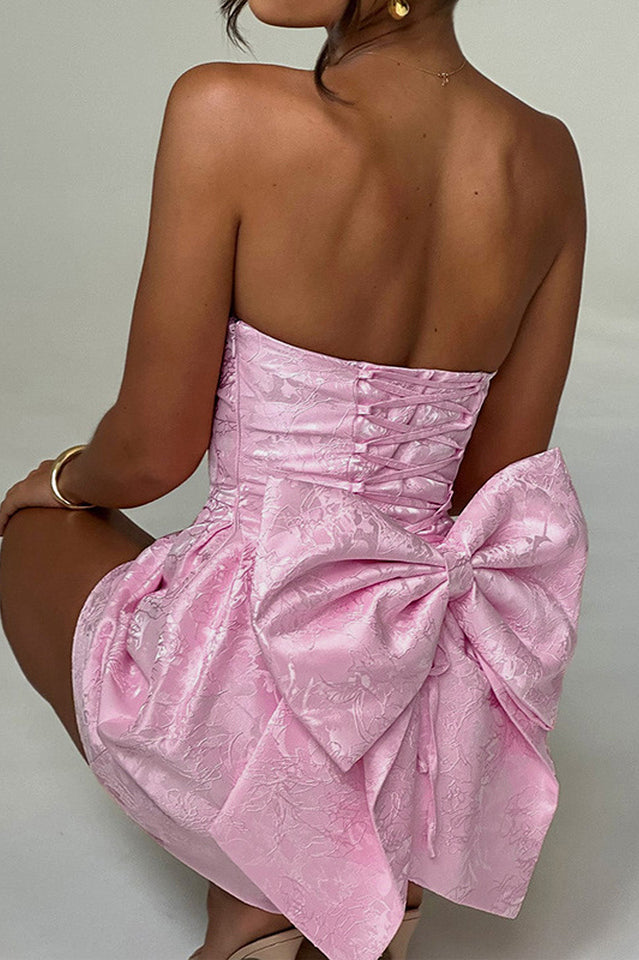 Jacquard Print Tube Back Bow Mini Dress