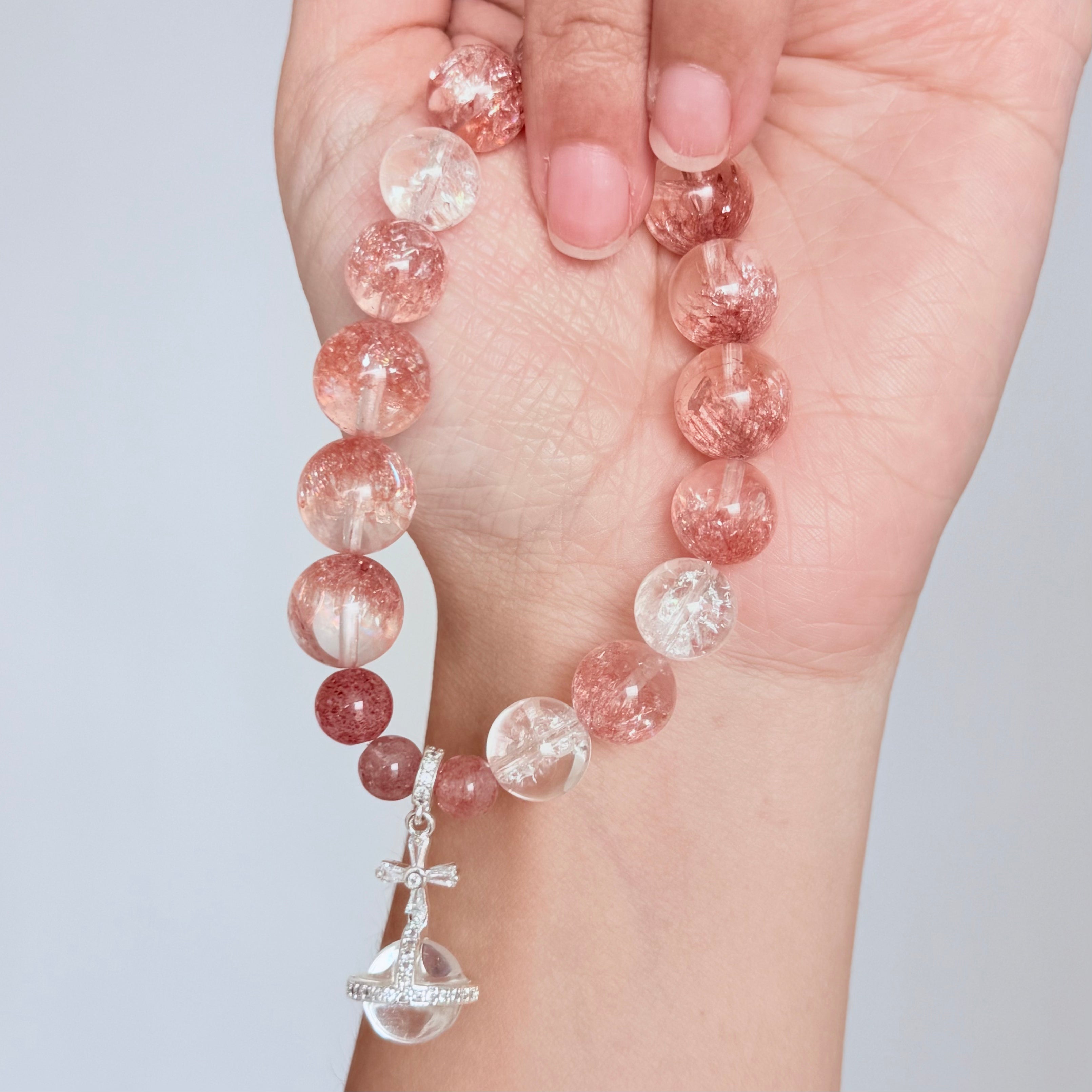Strawberry Quartz & Clear Quartz Bracelet with Planet Charm