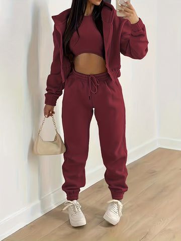 Zip Up Hooded Jacket & Tank Top & Jogger Pants Three-piece Set Outfits