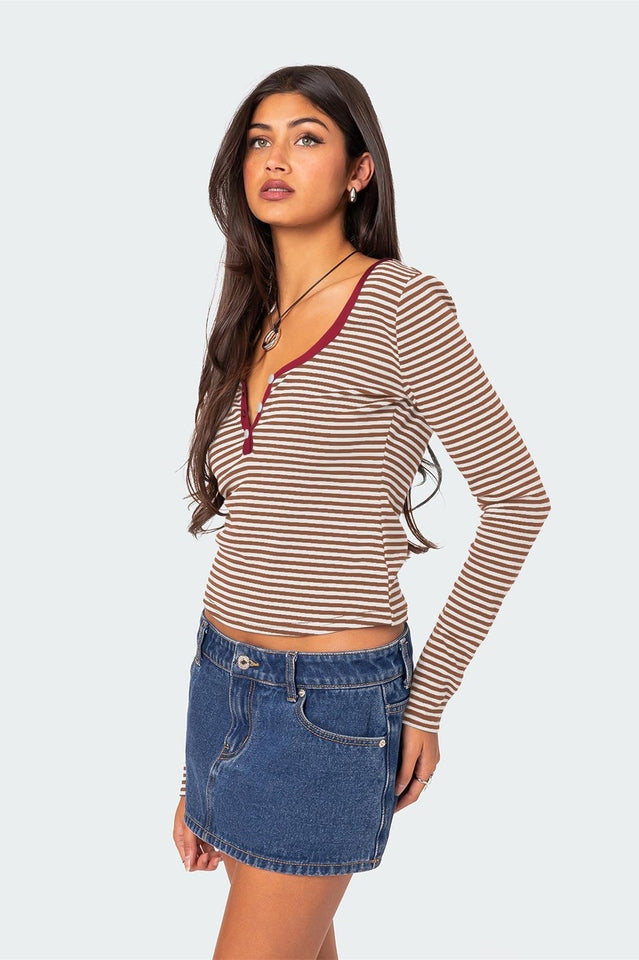 Buttoned Striped Long Sleeve T-Shirt
