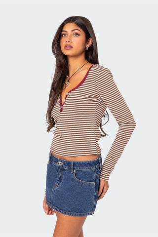 Buttoned Striped Long Sleeve T-Shirt