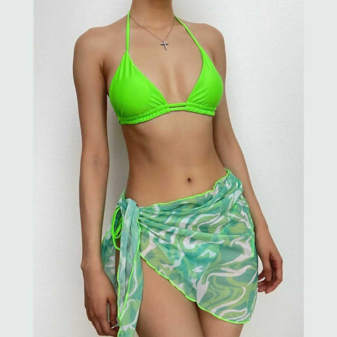 Ripple contrast print halter backless mesh 3 piece swimwear