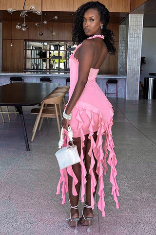Ruffle Tassel Halter Bustier Mini Dress