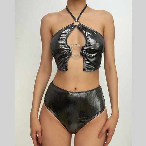 Halter hollow out metallic o ring self tie bikini swimwear