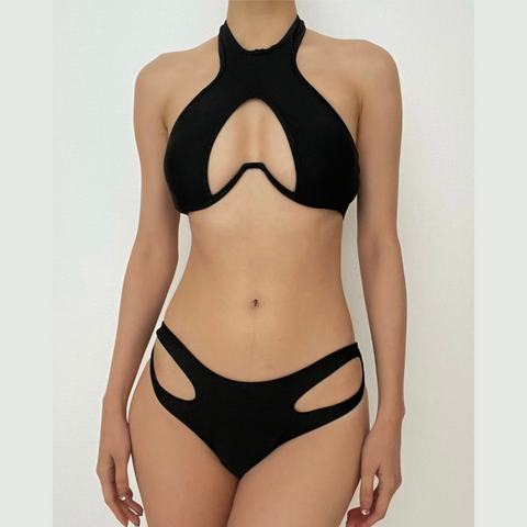 Halter solid hollow out self tie 3 piece swimwear