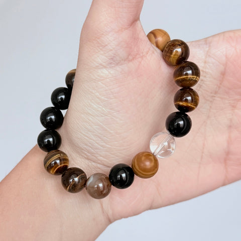 Tiger's Eye, Black Obsidian & Clear Quartz Bracelet
