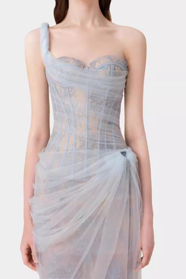 One Shoulder Lace Corset Maxi Dress