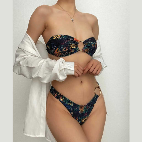 Contrast print padded tube bikini swimwear