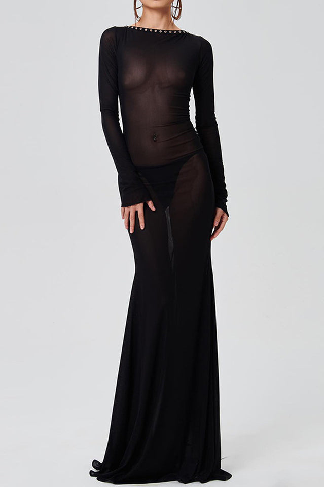 Sheer Backless Long Sleeve Dress