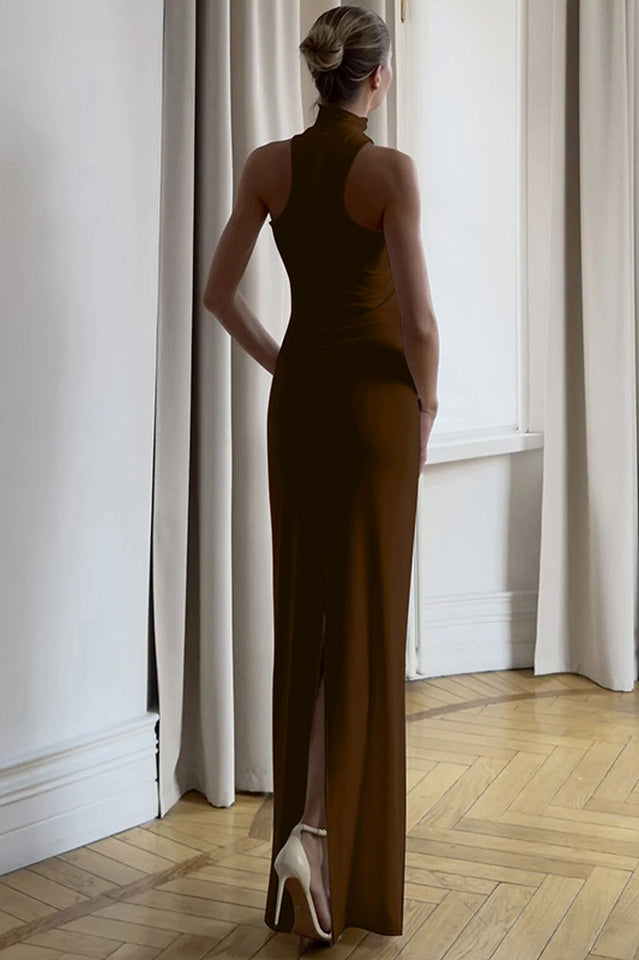 Golden Bead Trim Halter Sheath Dress