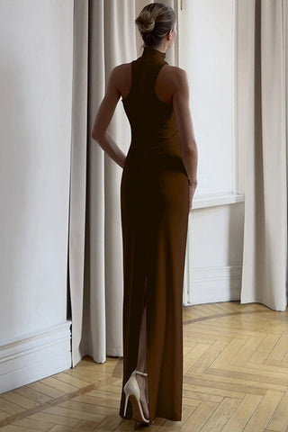 Golden Bead Trim Halter Sheath Dress