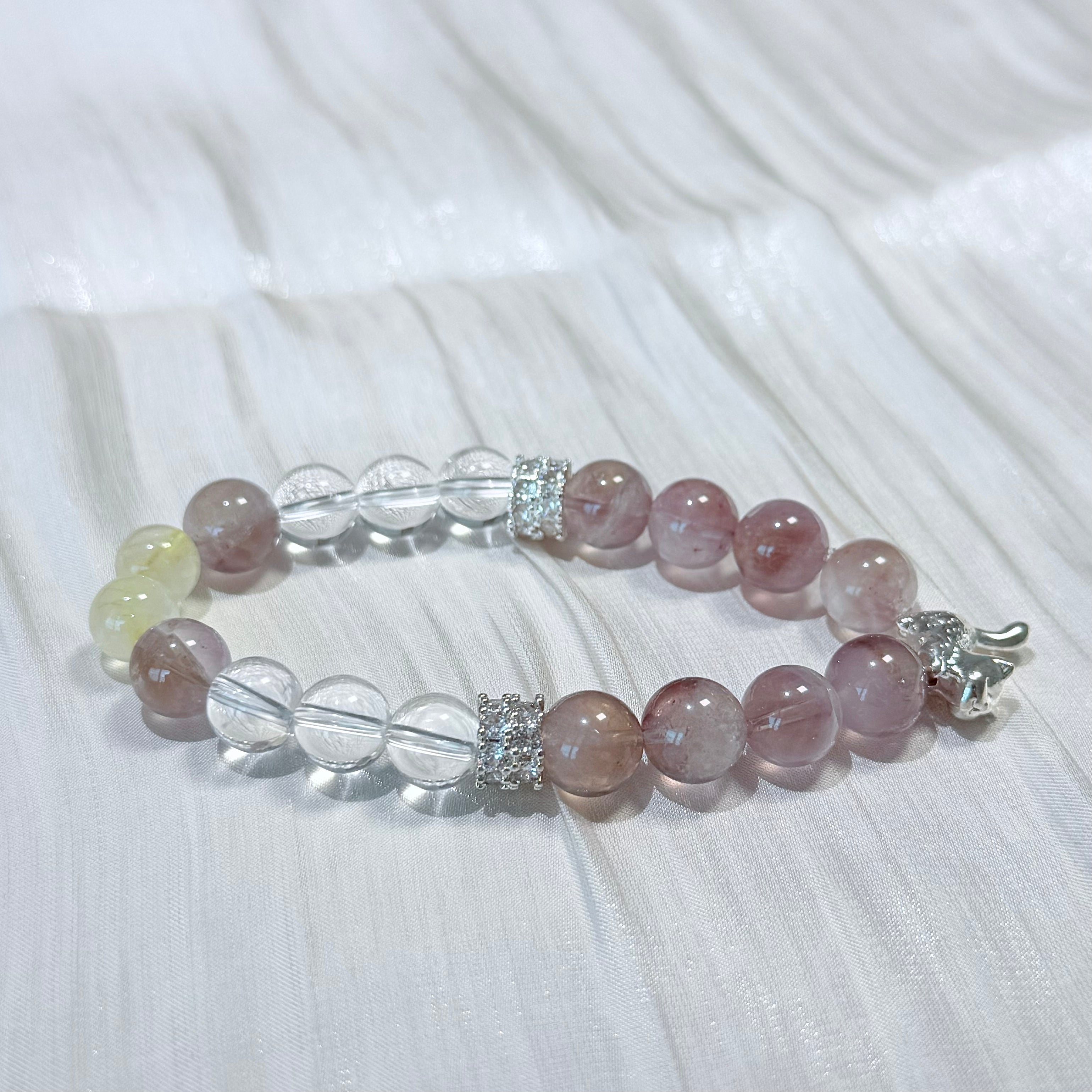 Lepidolite & Clear Quartz Bracelet with Silver Cat Charm