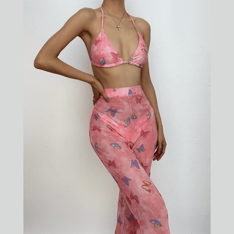 Mesh butterfly pattern ruched halter pant 3 piece swimwear