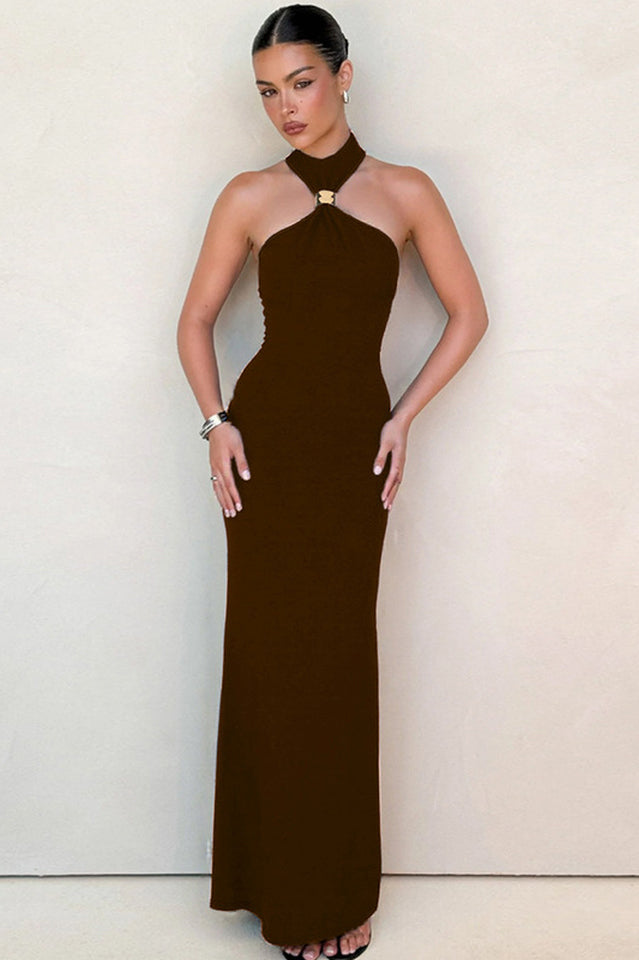 Golden Bead Trim Halter Sheath Dress
