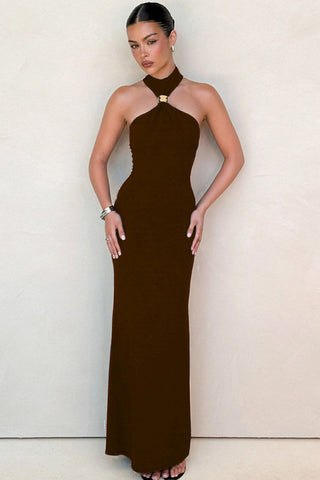 Golden Bead Trim Halter Sheath Dress