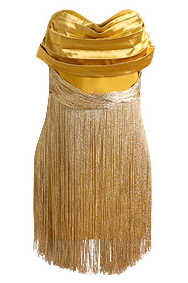 Yellow Ruffles Silk Tassel Trim Dress