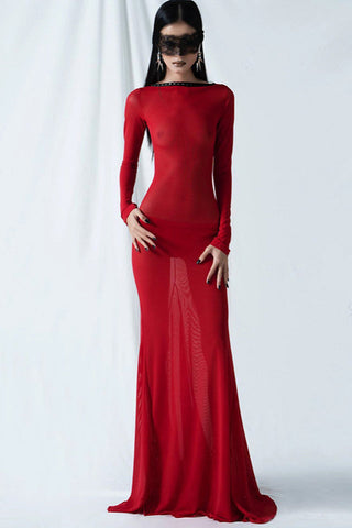Sheer Backless Long Sleeve Dress
