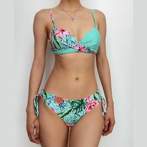 Flower print cross front padded self tie cami bikini swimwear