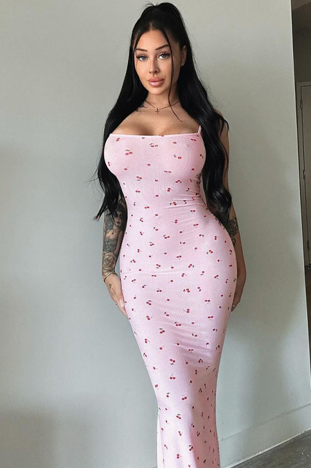 Cherry Print Spaghetti Strap Mermaid Dress