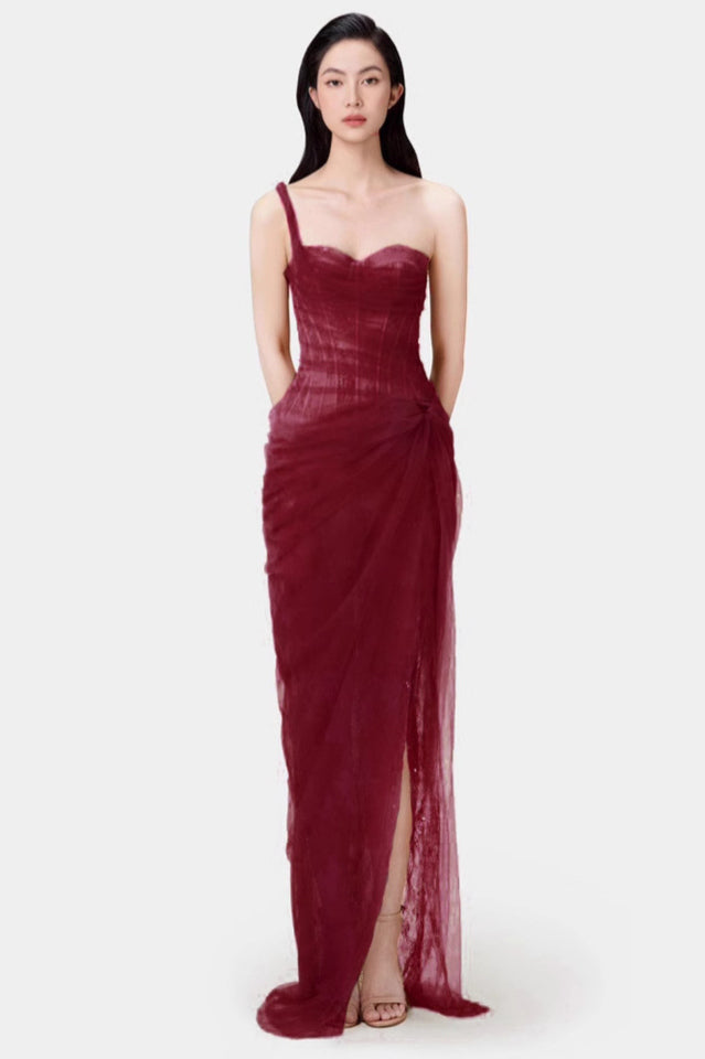One Shoulder Lace Corset Maxi Dress