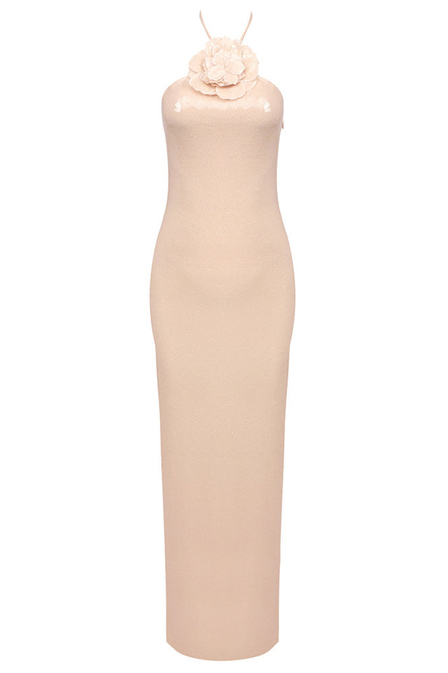 Glitter Rosette Halter Sequined Maxi Dress