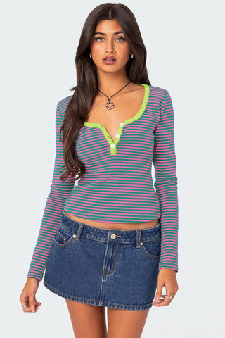 Buttoned Striped Long Sleeve T-Shirt