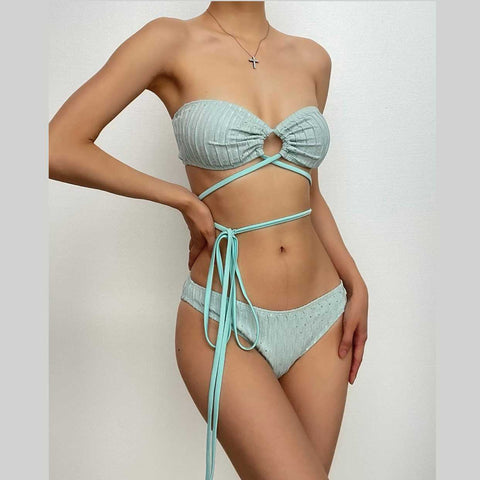 Textured solid self tie halter backless bikini swimwear