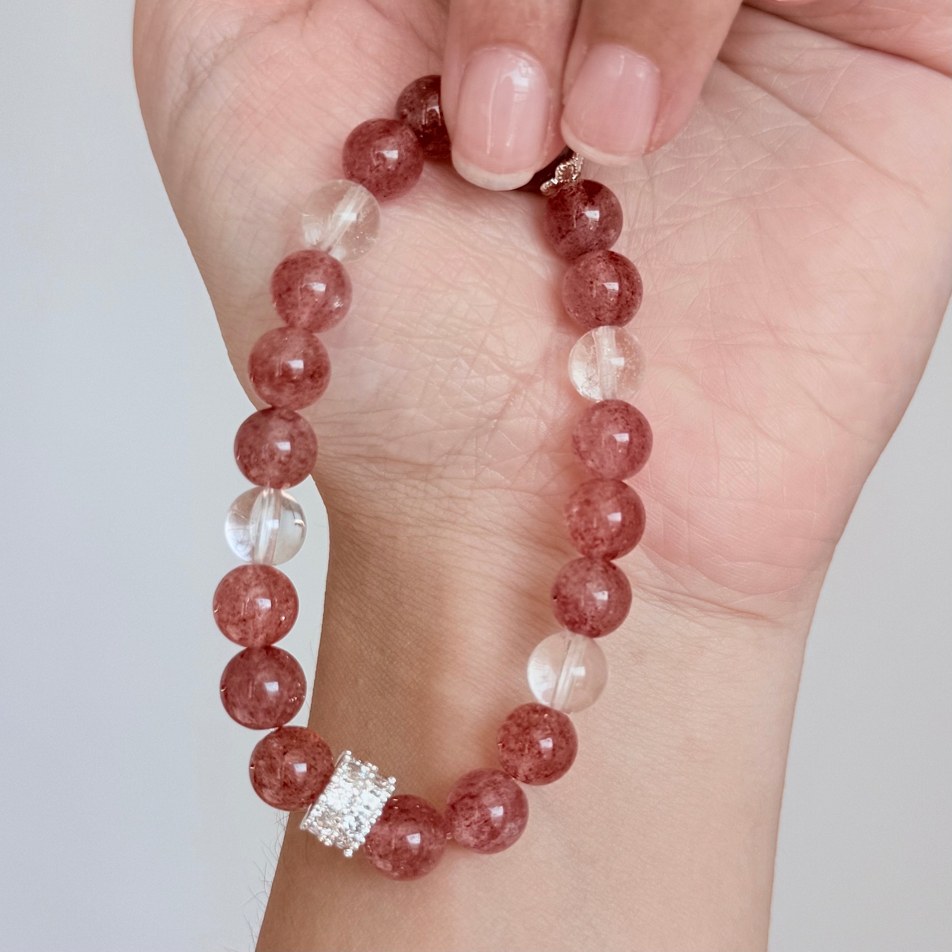 Strawberry Quartz & Clear Quartz Bracelet  Crystal Jewelry
