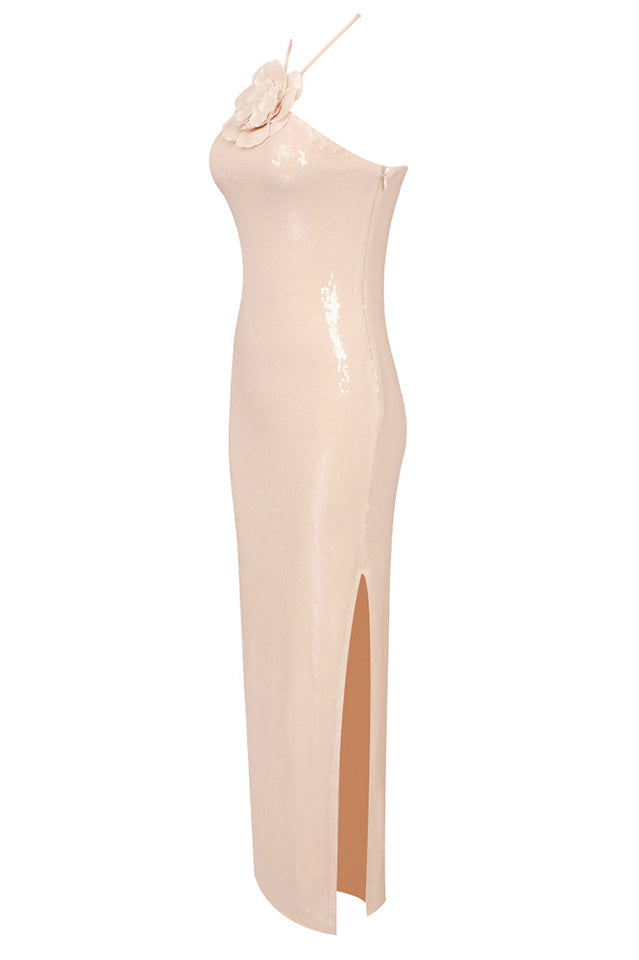 Glitter Rosette Halter Sequined Maxi Dress