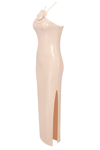 Glitter Rosette Halter Sequined Maxi Dress